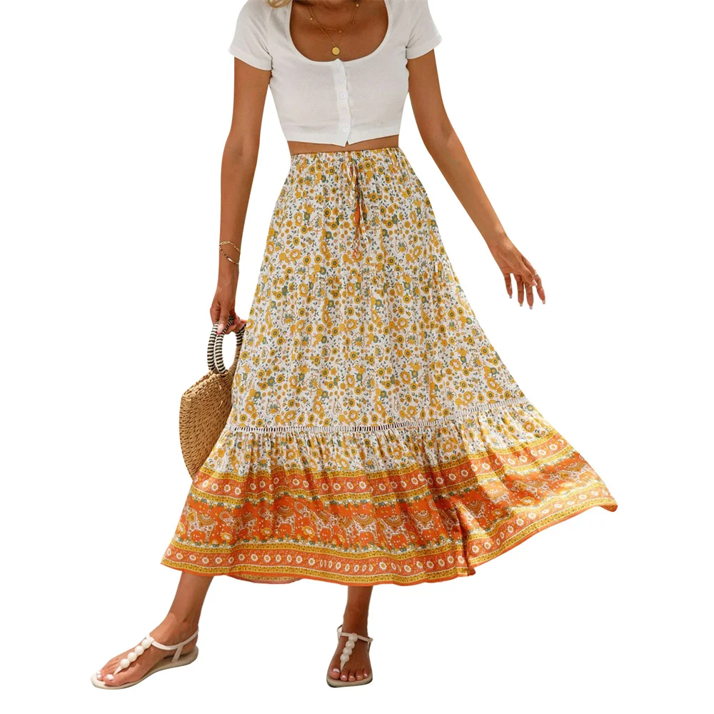 

Women Long Skirt Bohemian Style Elastic Waist Floral Flowy Summer Swing Skirt for Casual Daily