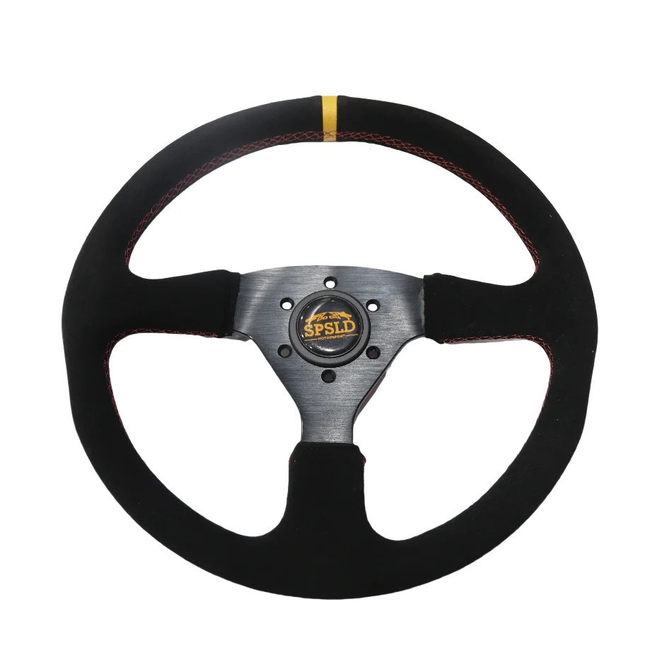 14inch 350mm Racing Flat Steering Wheel Auto Universal Suede Leather Yellow Ring Simulated Racing Game Steering Wheel