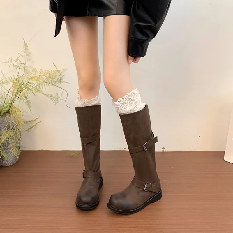 

Winter Punk Design Belt Buckle Knee High Boots Women Fashion Round Toe Square Heels Shoes Modern Booties