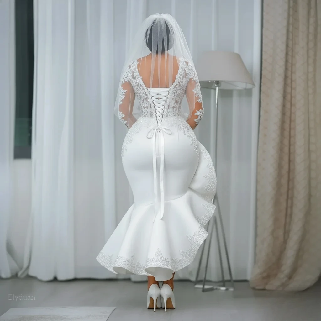 Modern African White Mermaid Civil Wedding Dress Ankle-Length Ruched Long Sleeves Bridal Gown Plus Size Bride Dresses Customized