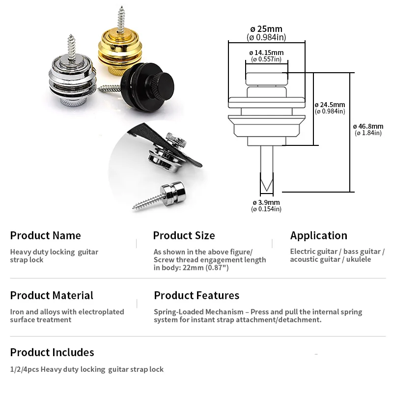 1/2/4Pcs Metal Flat Round Head Strap Lock Heavy Duty Strap Lock Buttons End Pins with Screws for Guitar Bass