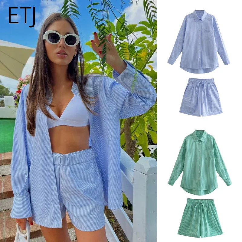

ETJ Women's 2026 Spring Oversized Stripe Shirt & Shorts Set Two Piece Casual Boyfriend Look Loose Cotton Blend Outfit