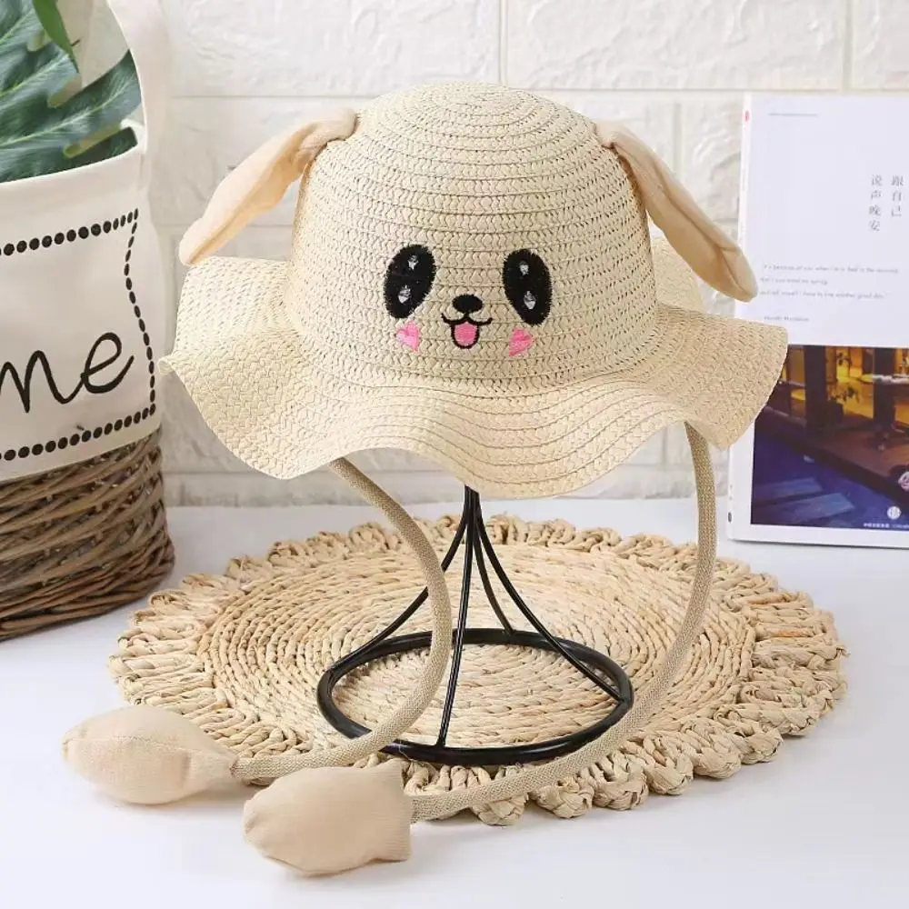 Rabbit Ear Sunshade Straw Hat Children Sun Hat Summer Sunscreen Ear Moving Bunny Hat Party Holiday Hats 4-12 Years