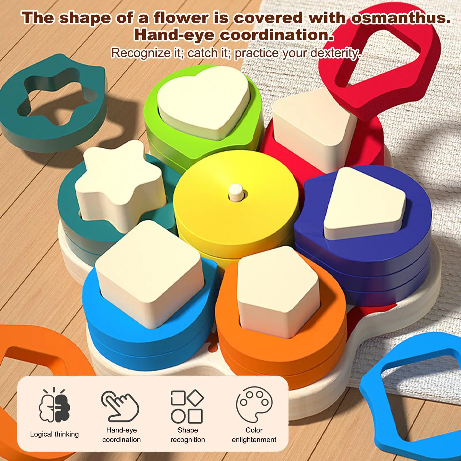 Drewniane zabawki edukacyjne do sortowania kolorów i kształtów, gra dopasowująca kolory i kształty, geometryczne kształty, rozpoznawanie kolorów, gra w sortowaniu, zabawka edukacyjna dla najmłodszych.