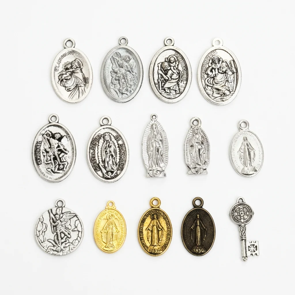 10Pcs Catholic Saint Medal Charms St Anthony St Michael St Christopher Guadalupe Miraculous Medal for DIY Rosary Jewelry