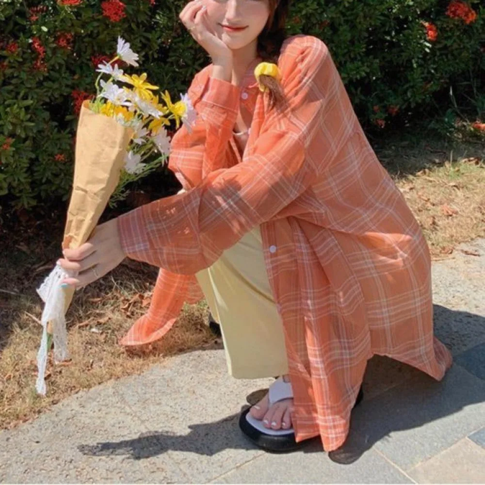 2025 Chique Zomer Luie Sle Losse Casual Dunne Lange Sve Plaid Zonwering Irt Jas Dames Koreaanse Sle Loose Fit Lichtgewicht