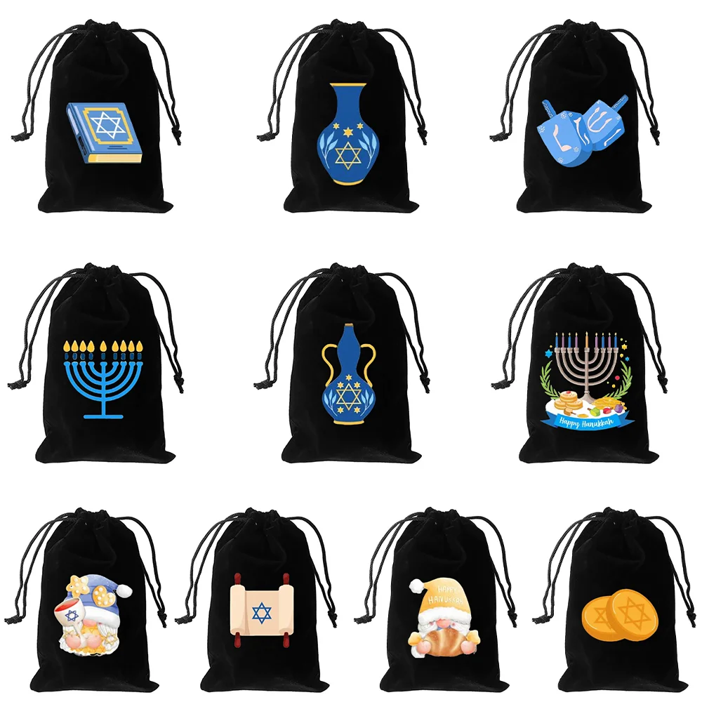 

5Pcs Hanukkah Black Velvet Drawstring Favor Bags Jewish Holiday Accessory Rosh Hashanah Gift Jewish Menorah Dreidel Shanah Tovah