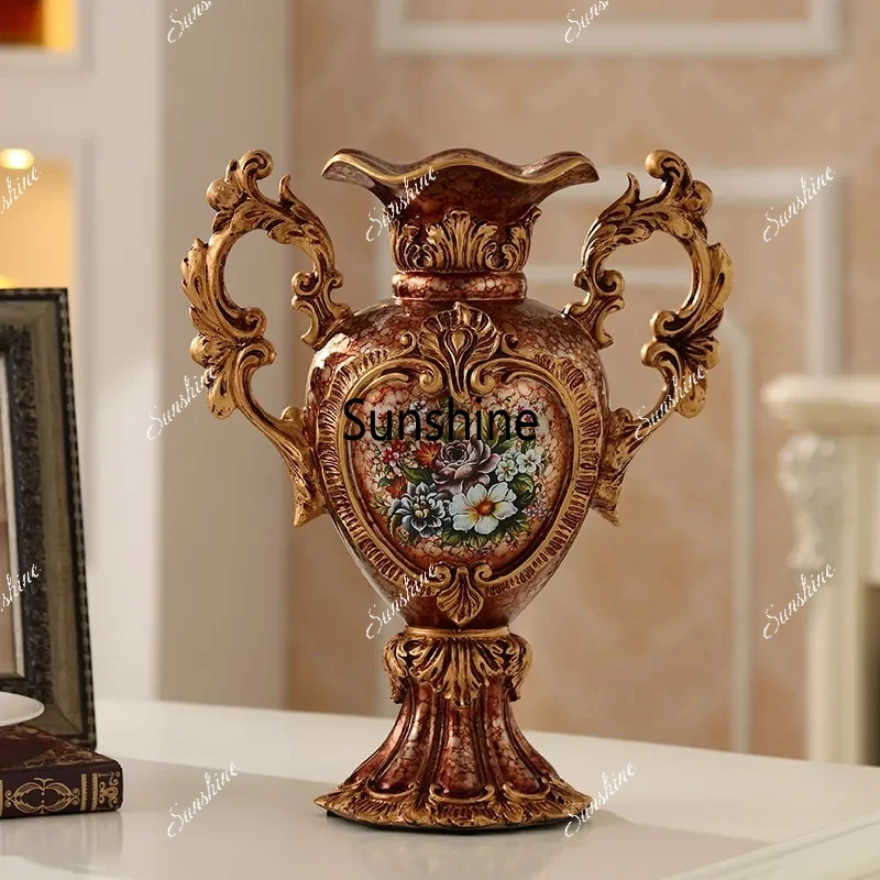European Luxury Palace Resin Vase Ornaments Home Room Desktop Figurines Crafts Decoration Wedding Gift Retro Silk Flower Pot Art