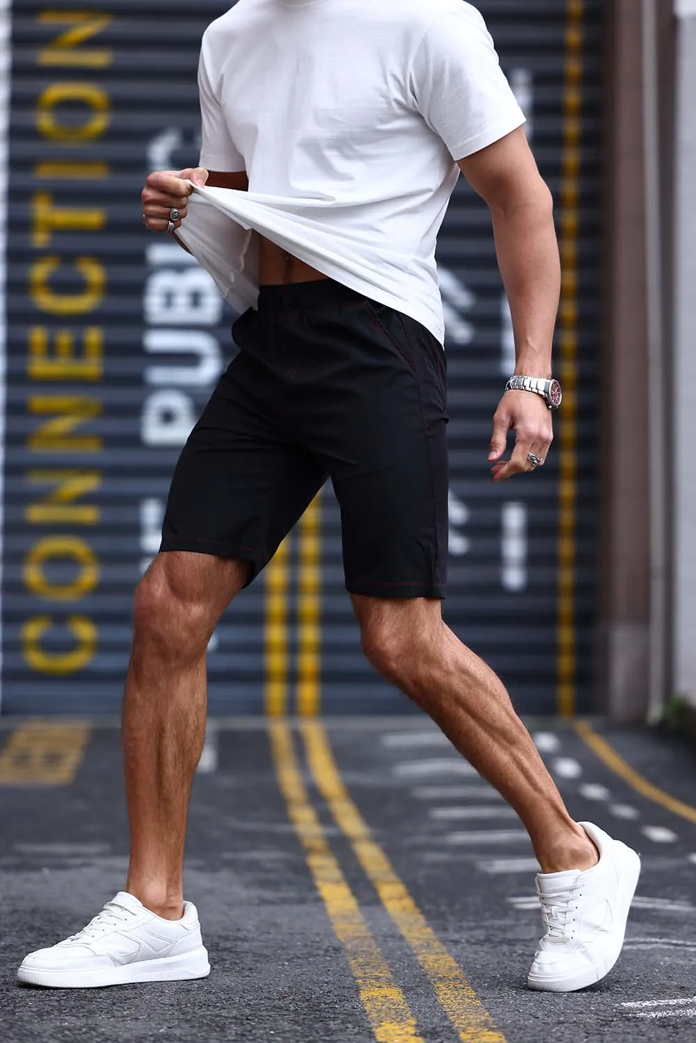 

Men's Solid Color Work Shorts Simple Casual Sports Student Pants with Contrasting Pocket Lines