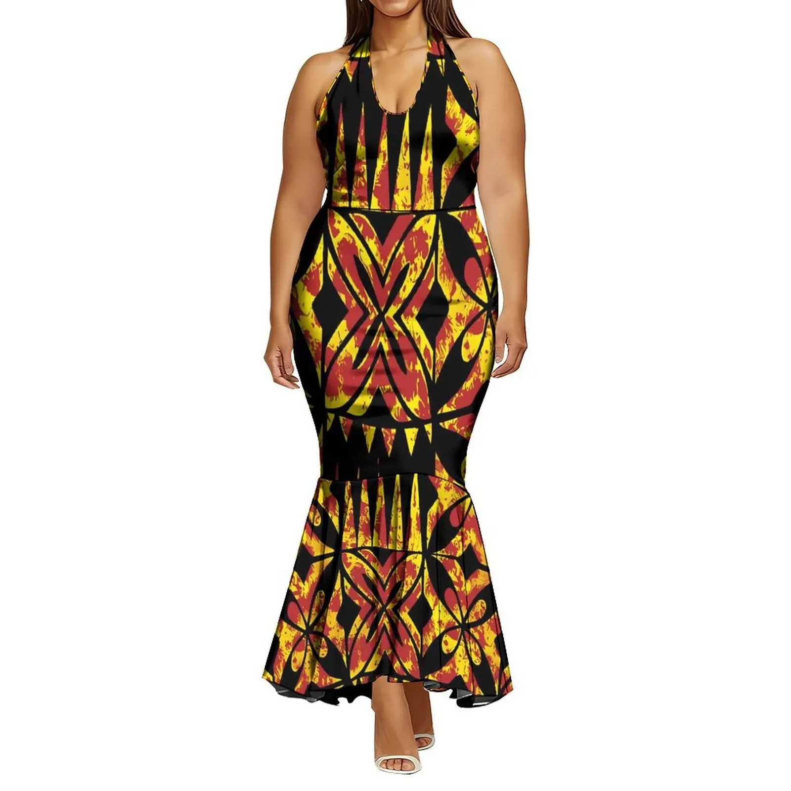 فستان طويل نحيف ومثير على شكل ذيل السمكة مع تصميم برباط مصنوع خصيصًا للنساء في بولينيزيا يتميز بتصميم قبلي #4