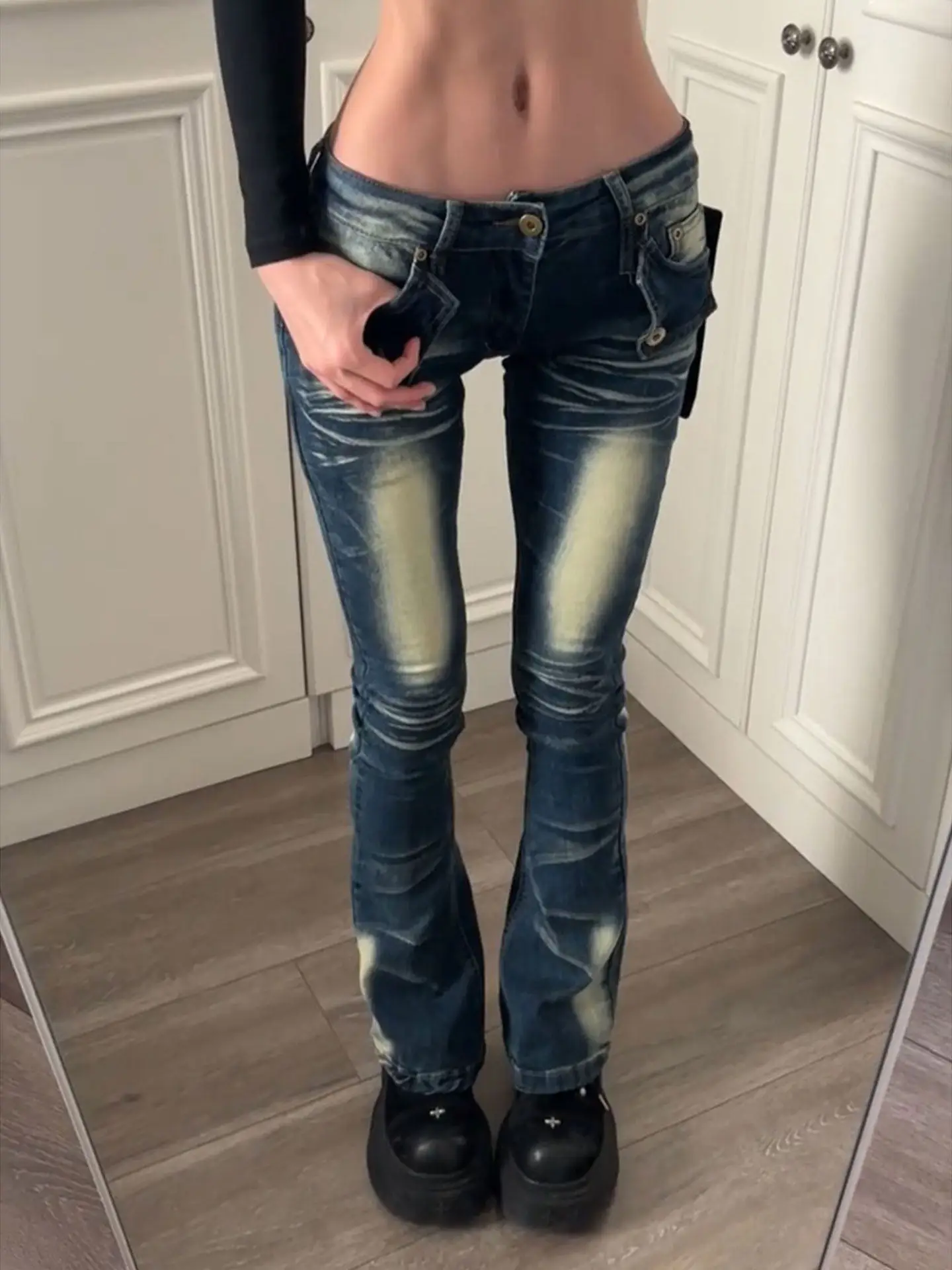 

Low Waist Bell Bottom Jeans Women's Summer Fashion Small Size Tight Fit Long Pants Cotton Stretch Denim Washed out Ripple