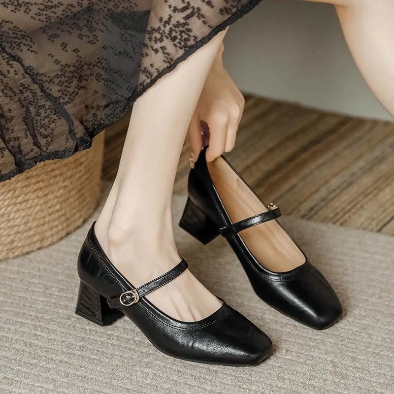 Mary Jane Single Shoes Women's 2026 Spring and Autumn New Style Square Head Coarse Heel Bridesmaid Style Commuting Work Shoes