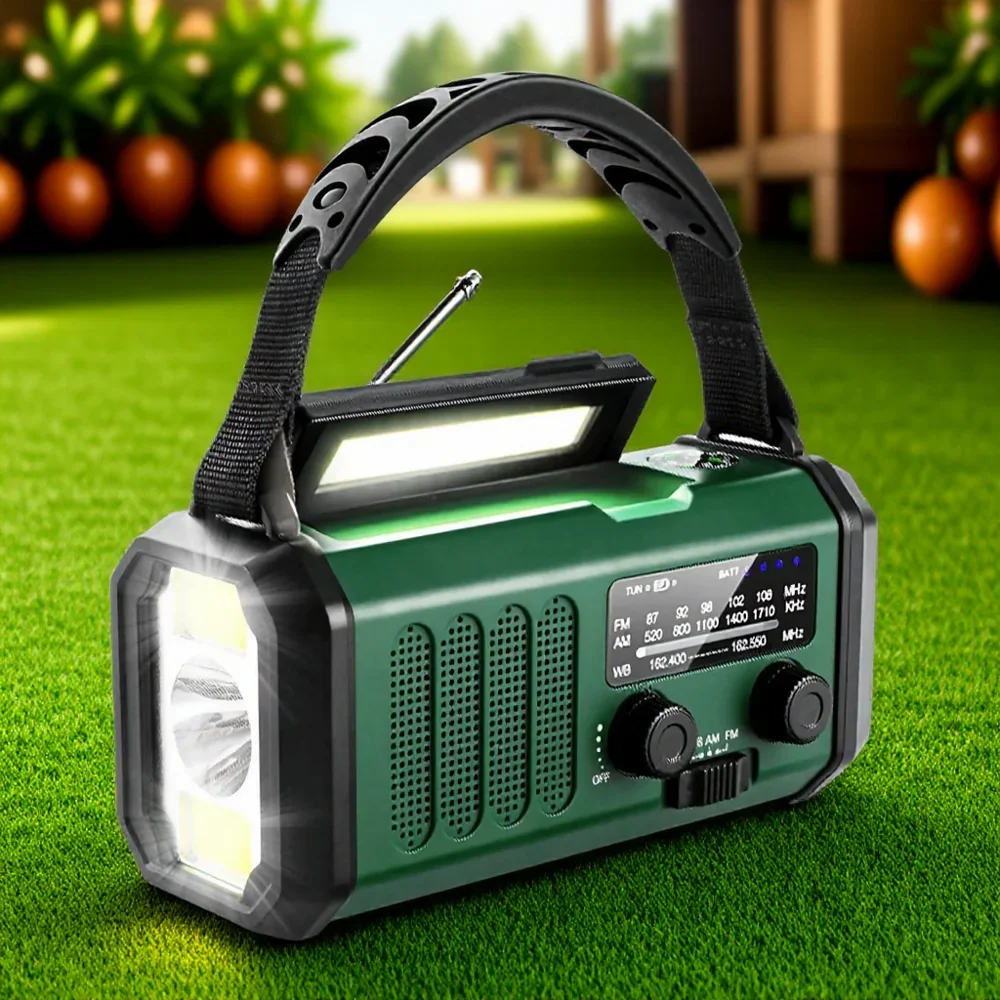 Solar Crank AM FM Weather Alert USB C Charger Flashlight SOS Alarm Compass Outdoor Survival Gear Speaker