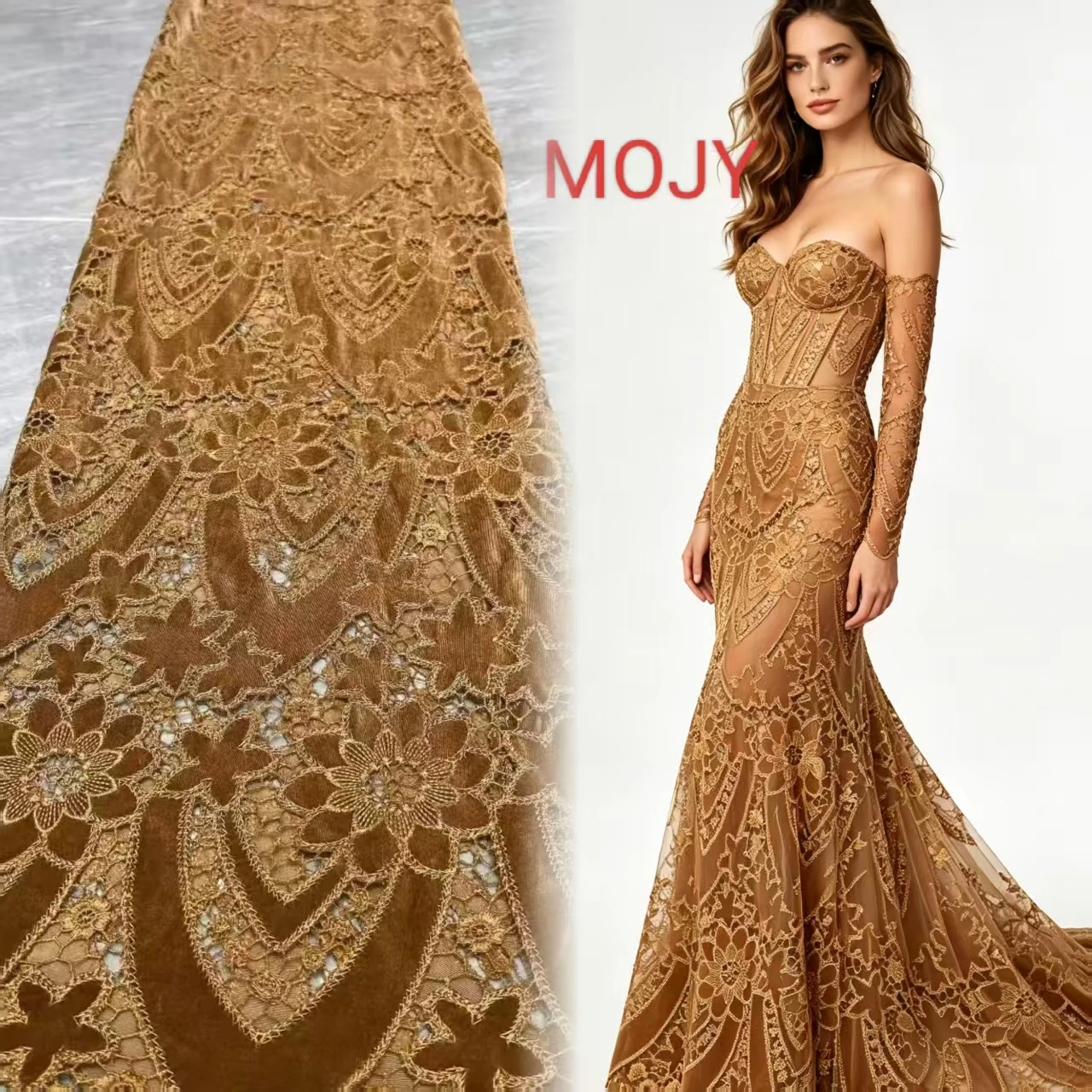 Luxury Brown Guipure Lace Fabric, Velvet Appliqué Cut‑Out Floral Embroidery Tulle Lace, High‑Grade Material for Prom Gown, Afric