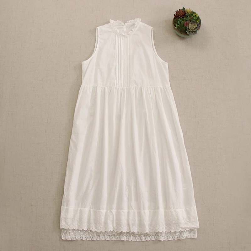 

Sweet Mori Girl Emboridery Sleeveless Tank Cotton Dress Women Summer Kawaii Cute Solid Color Loose Midi Underdress White