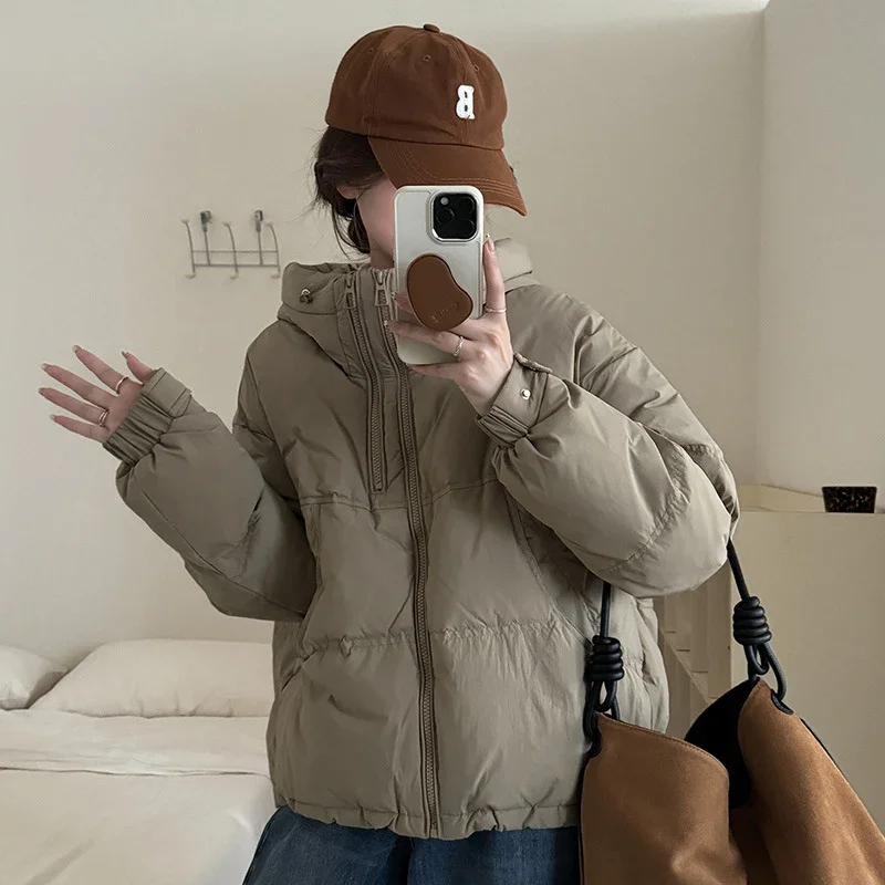 Schinteon Women White Duck Down Jacket with Hood Autumn Winter Warm Casual Loose Over Size Warm Outwear 2024 New Short Coat