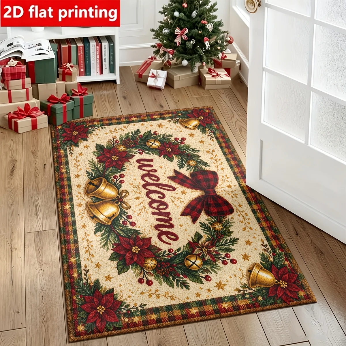 1pc 2D Flat Welcome Poinsettia Bell Bow Christmas Printed Floor Mat, Decorative Rug for Living Room, Bedroom, Home