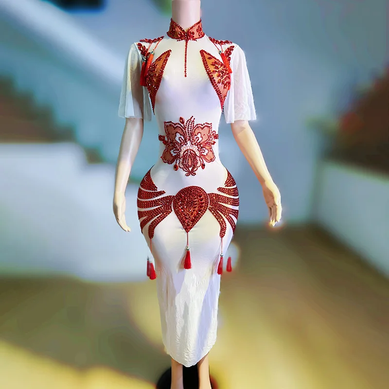 중국 다이아몬드 성능 드레스 Cheongsam 기질 우아한 연회 파티 이벤트 이브닝 드레스 스타 레드 카펫 Abiti Da Festa