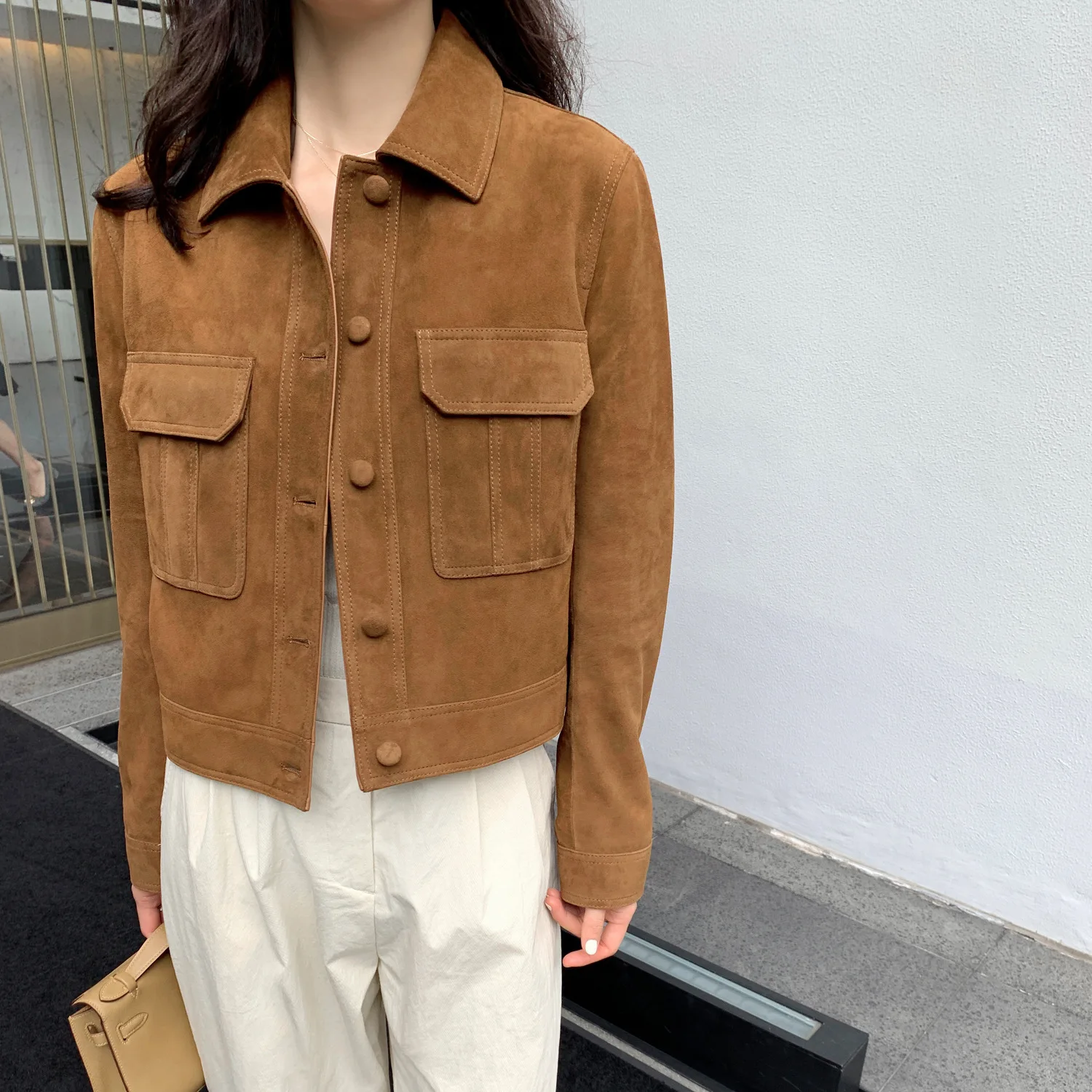 Genuine Leather Jackets 2024 Women Sheepskin Suede Lapel Collar Single-breasted Collar Casual Long Sleeve Short Jacket Coats