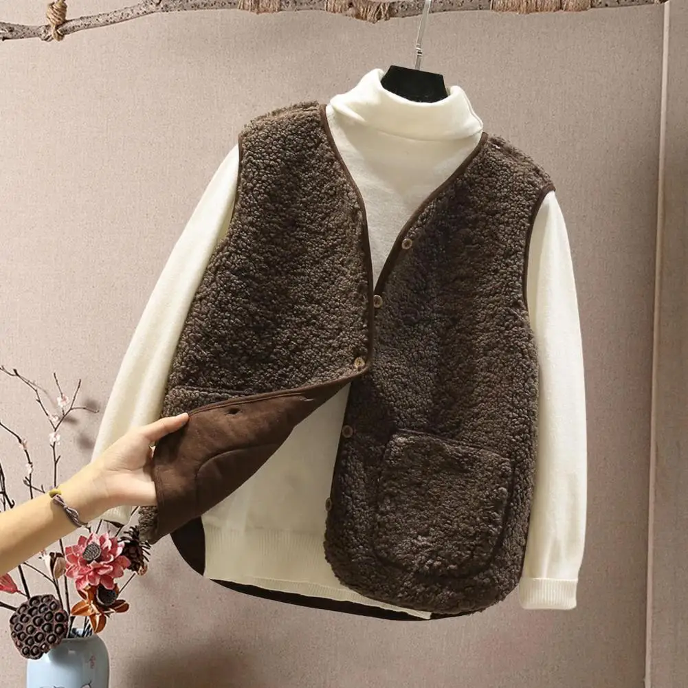 Vests New Spring Autumn Women Button Waistcoat Lamb Hair Winter Thermal Warm Thick Fleece Vests Sleeveless Jacket Ladies Coats