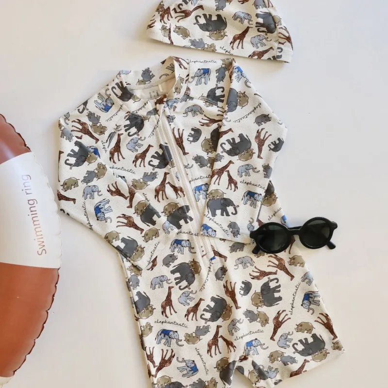 New Summer Boys One Piece Swimsuit Cute Print Long Sleeve O-neck Zipper Swimwear+Cap Kids Sun Protection Swimming Clothes E8077