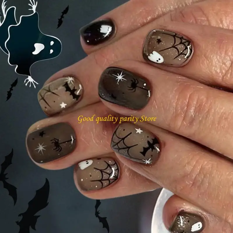 M4YA Halloween Press On Nails 24 unidades unhas falsas brilhantes teia aranha não precisa ferramentas