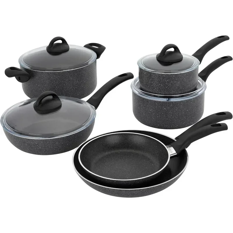 

10-Piece Nonstick Cookware Set, Made in Italy, Durable 3-layer Granite-hued Nonstick Coating From Recycled Materials