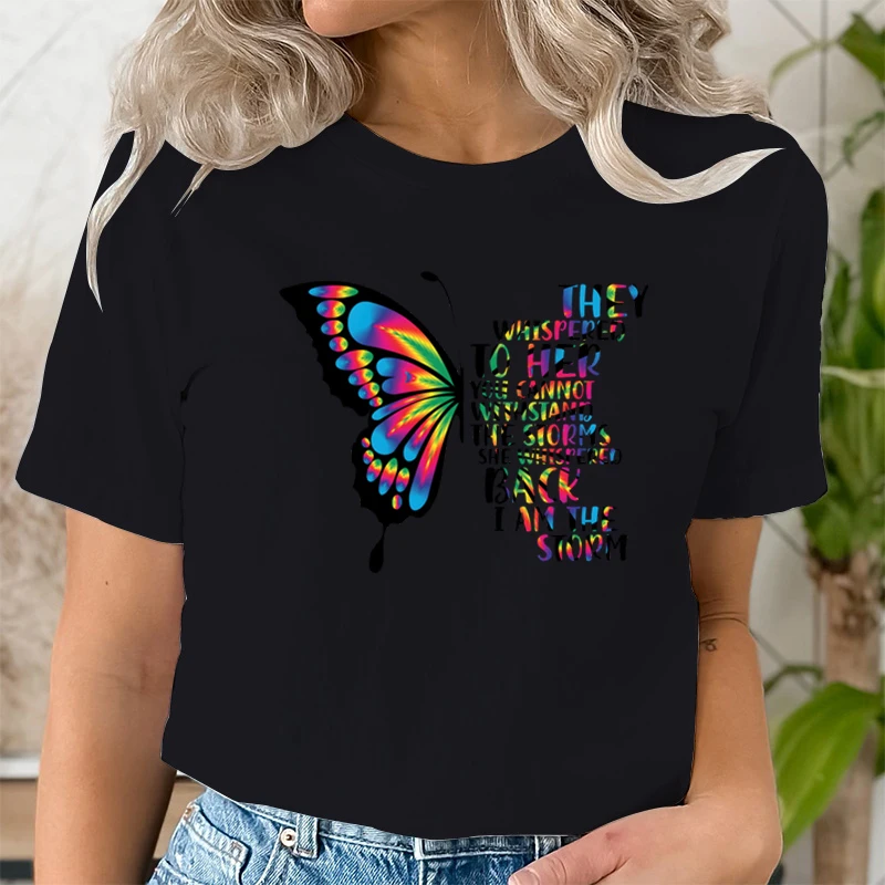 Women's Clothing I Am The Storm Woman Day T-Shirt Colorful Butterfly Letter Print Crew Neck T-shirts Strong Woman Classic Tops