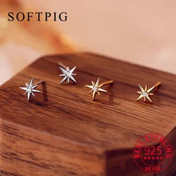SOFTPIG 100% 925 Sterling Silver Zircon 6.5mm Star Stud Earrings for Women Classic Fine Jewelry Minimalist Accessories