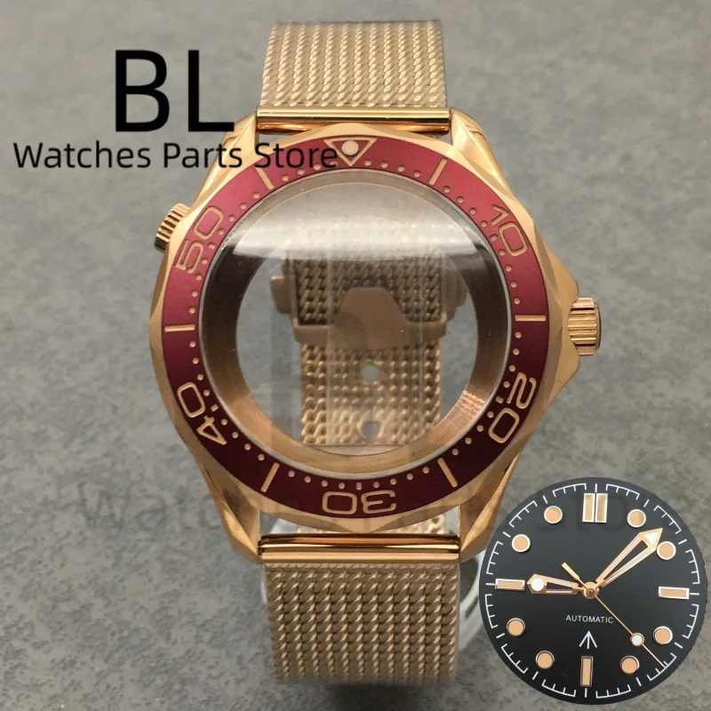 

BLIGER 41mm Bronze Rose Gold Watch Case With Burgundy Red Bezel Domed Sapphire Glass Waterproof Mesh Strap Fit NH34NH35 PT5000