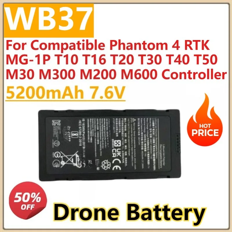 

New WB37 Battery Capacity 5200mah 7.6v For Compatible Phantom 4 RTK MG-1P T10 T16 T20 T30 T40 T50 M30 M300 M200 M600 Controller