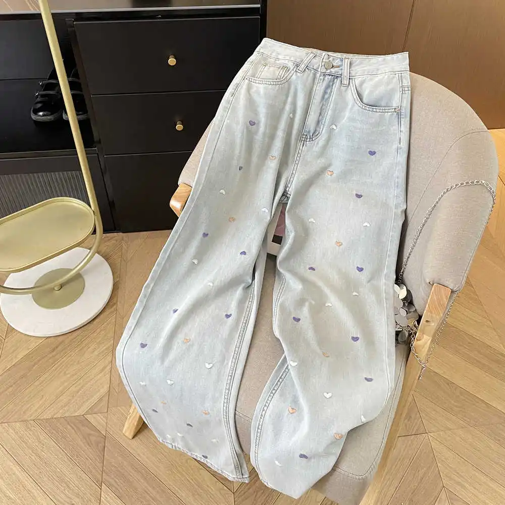 

Summer Women Thin jeans Heart-shaped Embroidery Light Blue Denim Pants Korean Fashion High Waist Wide Leg Trousers