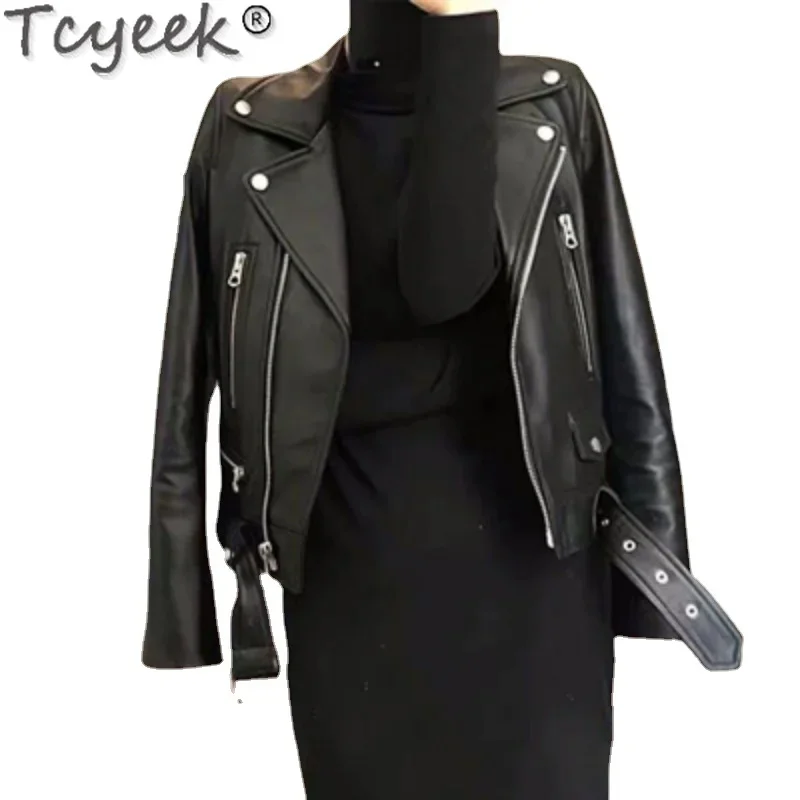 Tcyeek-abrigo de piel de oveja para mujer, Chaqueta corta ajustada de cuero genuino para motocicleta, color negro, primavera y otoño