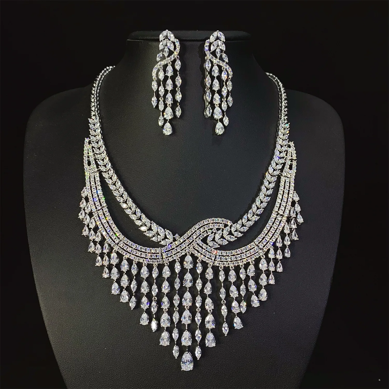 

bride wedding necklace earrings jewelry sets 2pcs silver color shiny zirconia large long tassel pendant necklace water drop