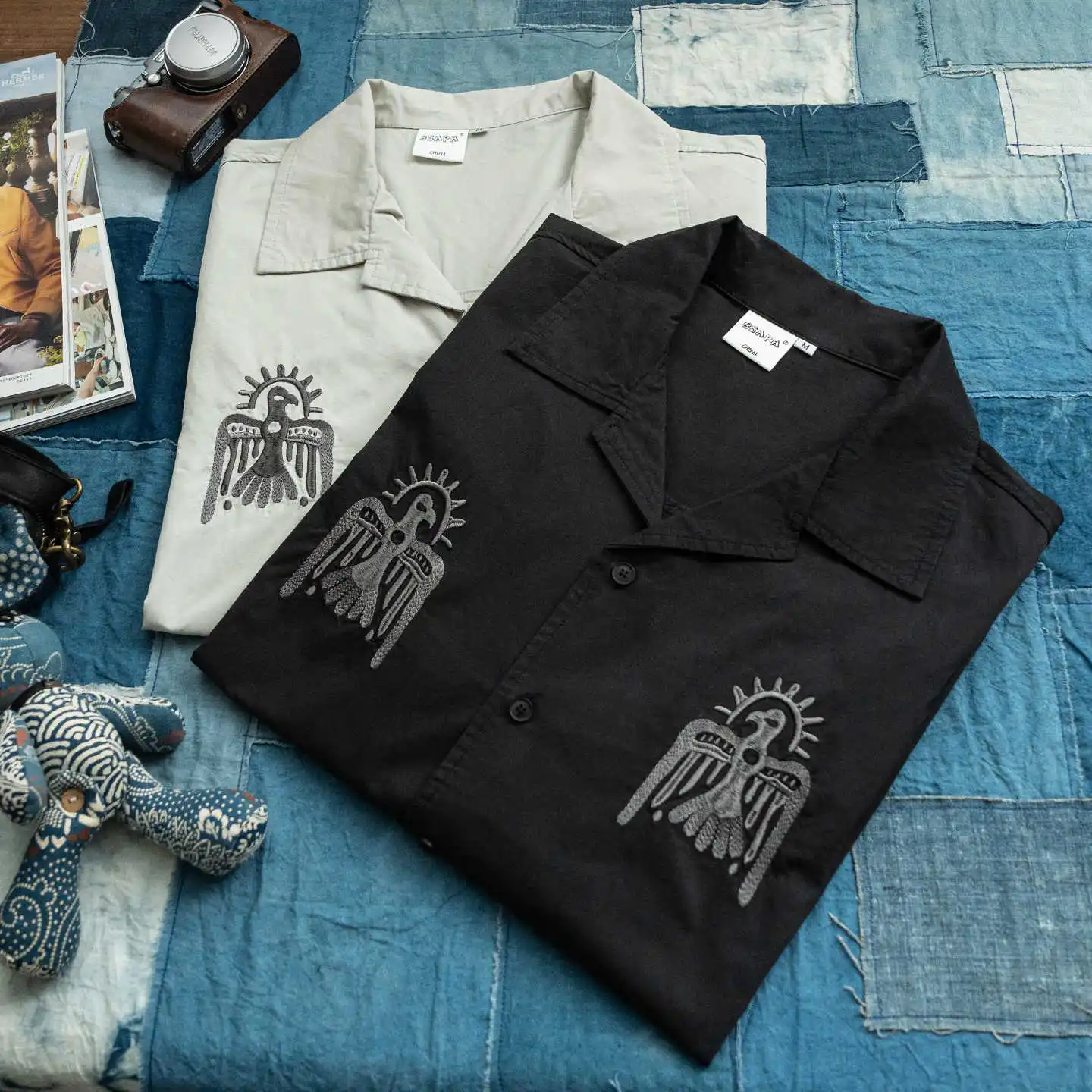 Japanese Thunderbird Embroidered Short Sleeve Shirt Casual Loose Shoulder Summer Shaped Shirt Men and Women