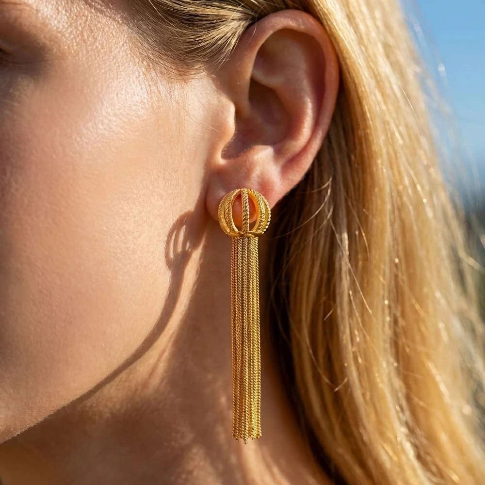 

Gold Color Long Tassel Drop Earrings for Women Statement Gold Plated Hollow Ball Snake Chain Dangle Earring Wedding Jewelry Gift