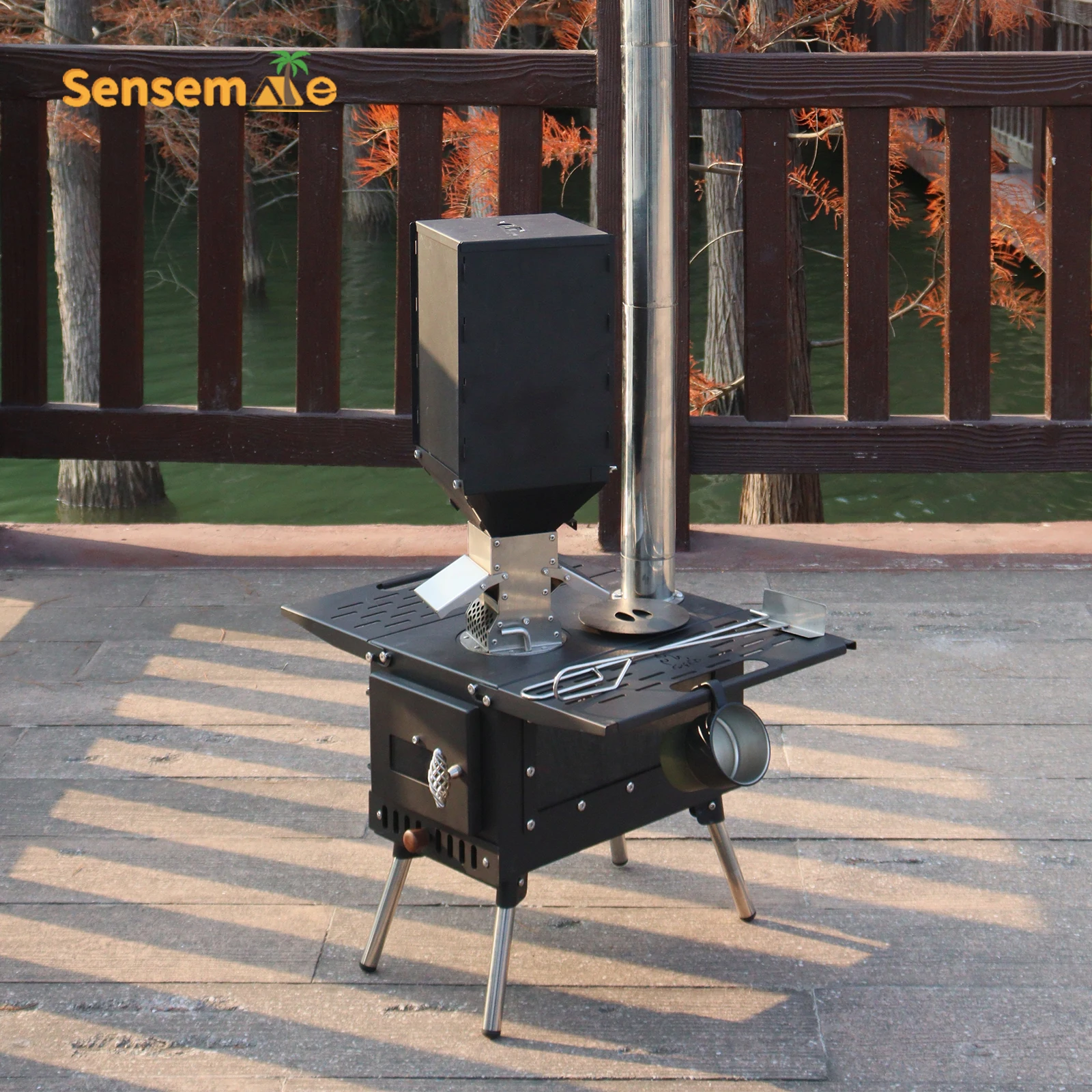 Piec na drewno Camping czarny przenośny grill zewnętrzny drewno opałowe mięso grill mięso węgiel drzewny składany z kominem