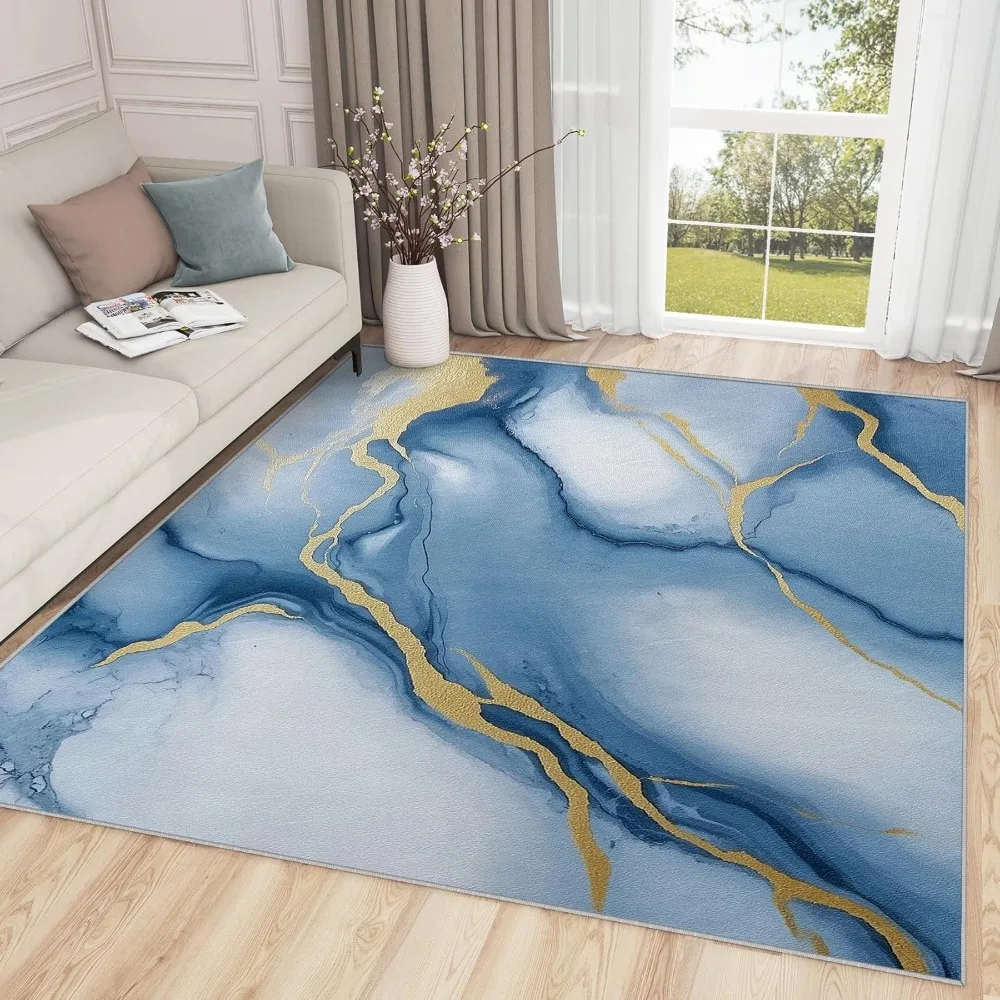Роскошный абстрактный современный ковер белого, синего и золотого цвета для гостиной — ковер с мраморным рисунком 6x8