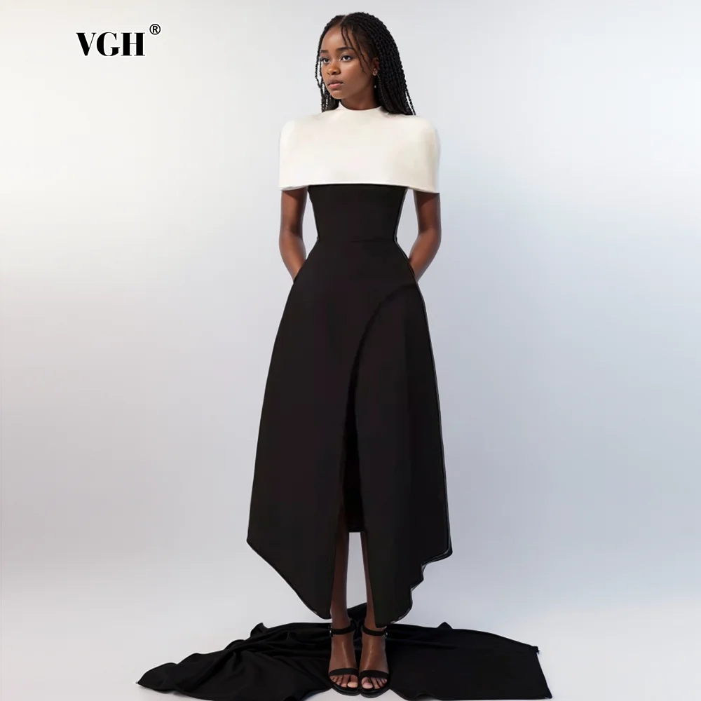 

VGH Hit Color Elegant Slimming Long Dress Women Square Collar Sleeveless High Waist Spliced Shawl Pleated Evening Dresses Female