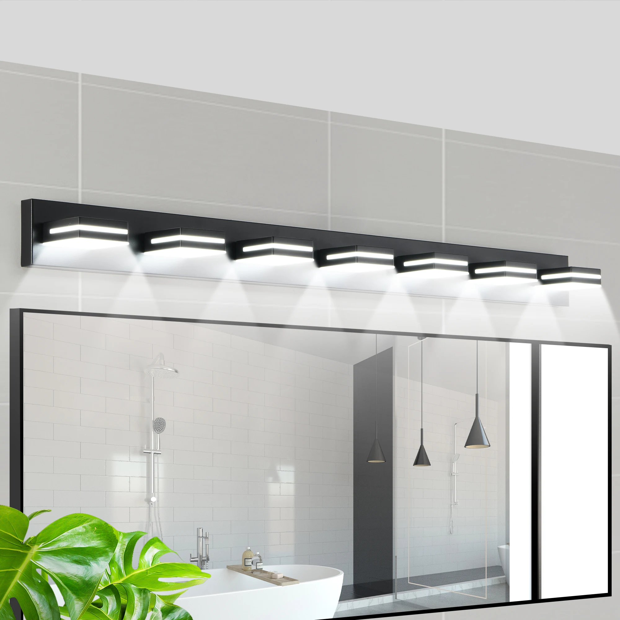 Modern Black LED Vanity Light, 7-Lights Wall Sconce for Bathroom and Mirror, Sleek Minimalist Design, Energy-Efficient