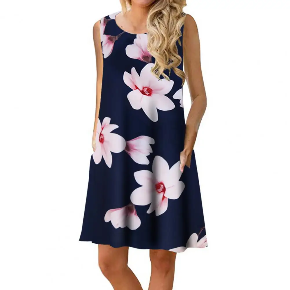 

Summer Women Dress Flower Print Sleeveless O Neck Loose A-line Above Knee Length Mini Dress