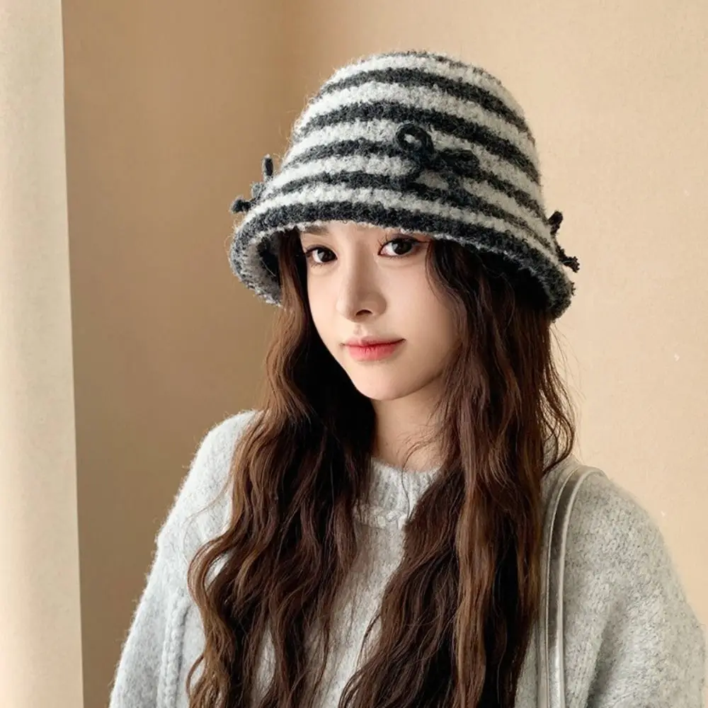 

Simple Striped Bowknot Knitted Hat Keep Warm Beanies Women Bucket Hat Thickened Korean Style Winter Fisherman Hat Travel