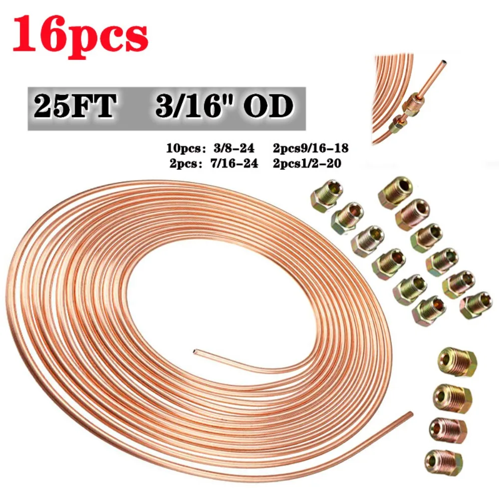 Repair Kit 25FT 7.62m Car Roll Tube Coil with Tube Screw Cap Copper Nickel Brake Pipe 3/16\