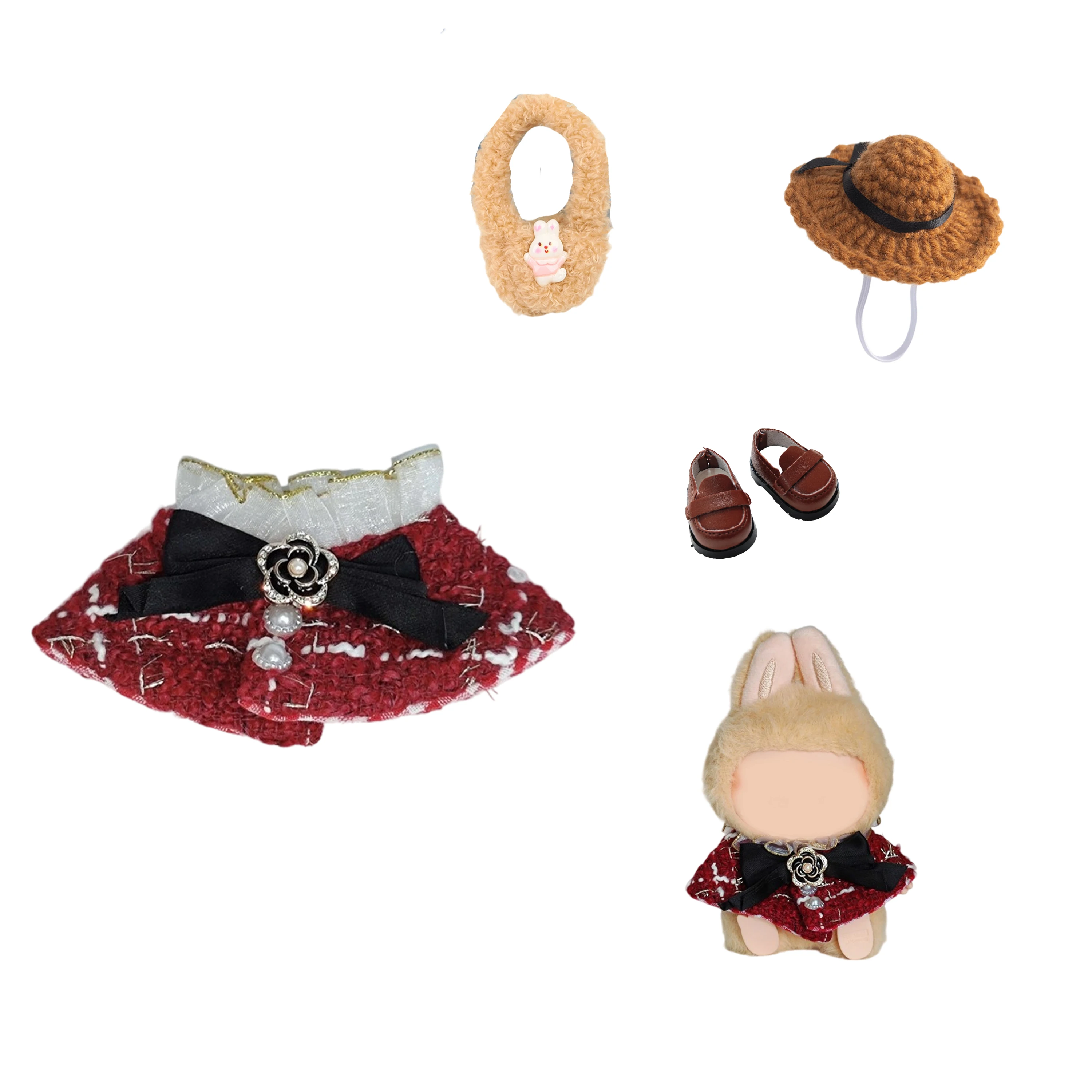 

17cm Mini Doll Clothes Set for Labubu V1 V2 - Korean Kpop EXO Idol Style Outfit with Striped Sweater, Overalls, Glasses & Hat