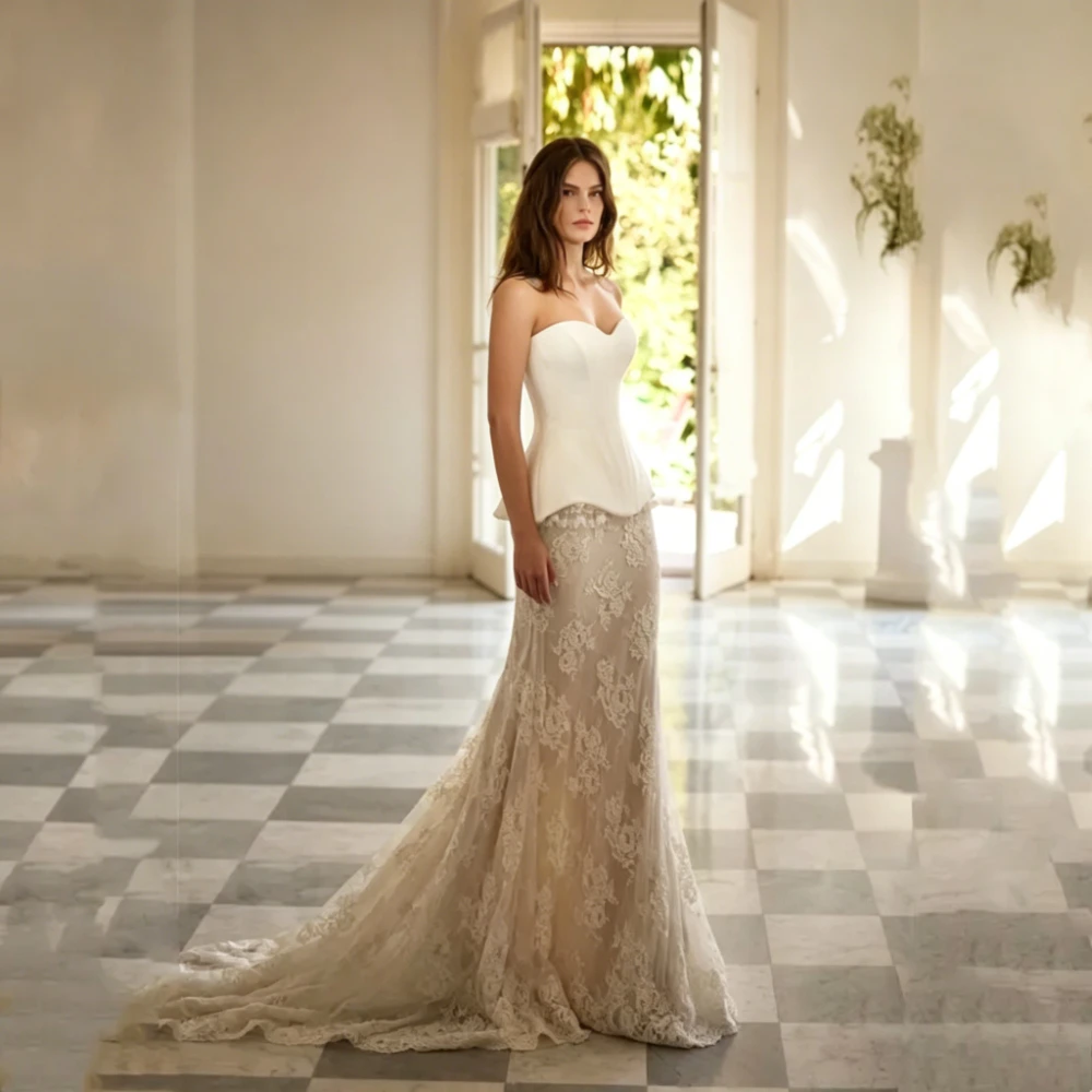Customized Elegant 2-piece Lace Appliques Mermaid Wedding Dresses Sexy Open Back Lace Up Floor Length Simple Strapless Gown 2026
