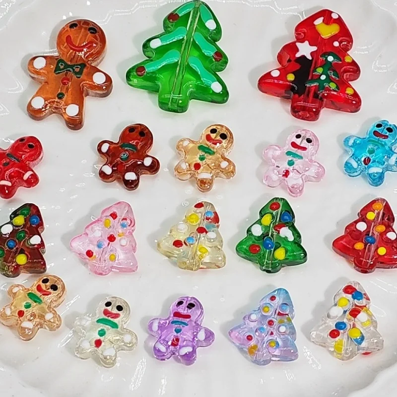 Christmas Colored Glass Christmas Tree Gingerbread Man Straight Hole Bead DIY Bead Bracelet Hanging Accessories for Festivals