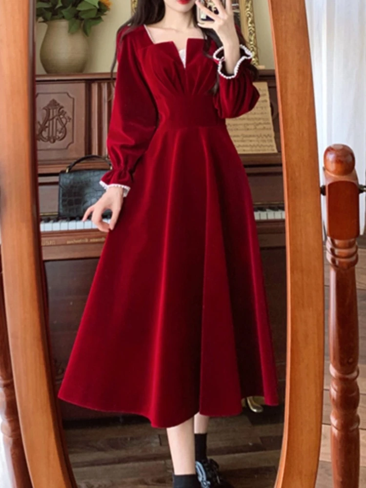 French Vintage A-line Wedding Party Dress Women Autumn Elegant Long Sleeve Backless Red Vestidos Mujer Princess Robe Spring New