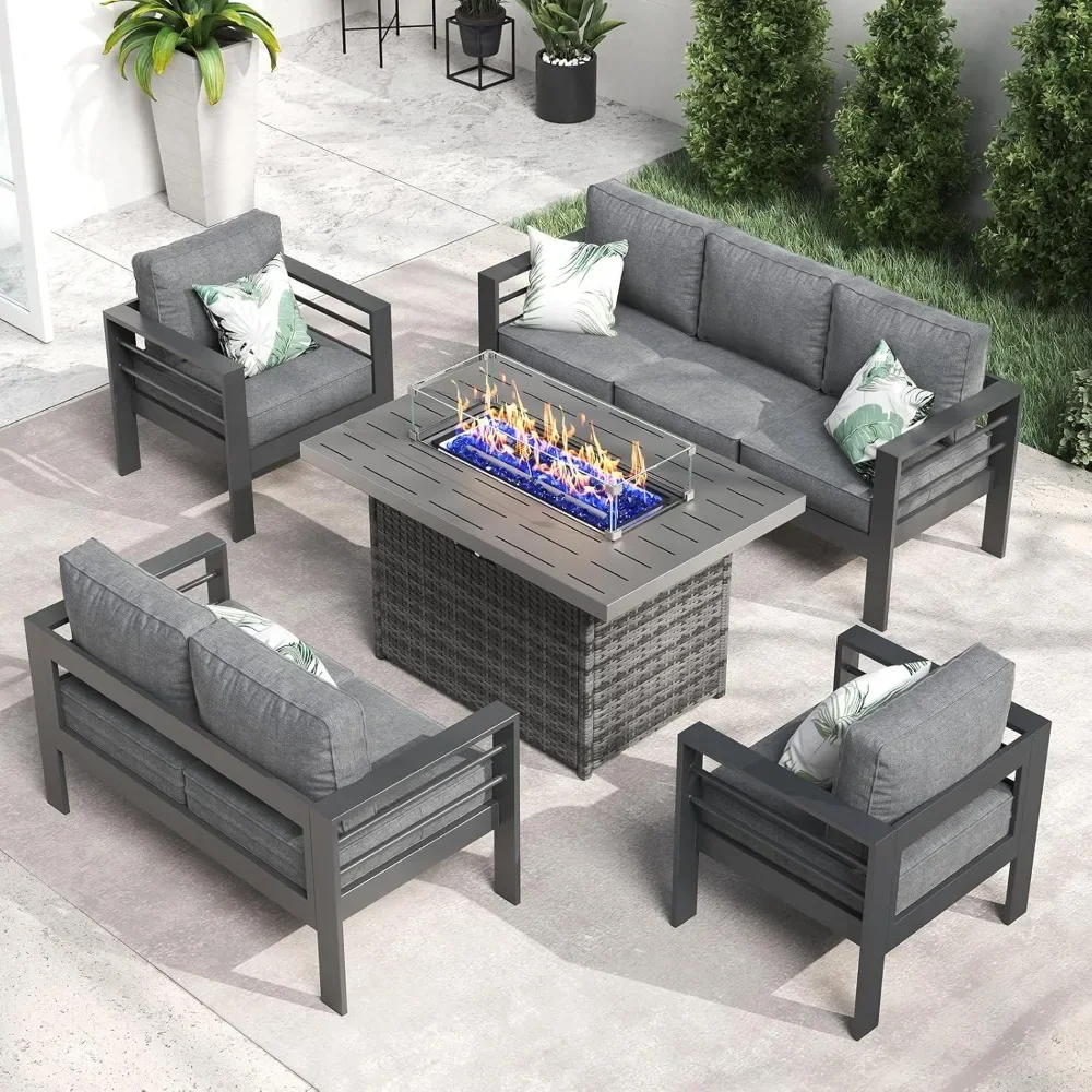 

Patio Sectional Conversation Set with Fire Pit Table, 5 Pieces Modern Seating