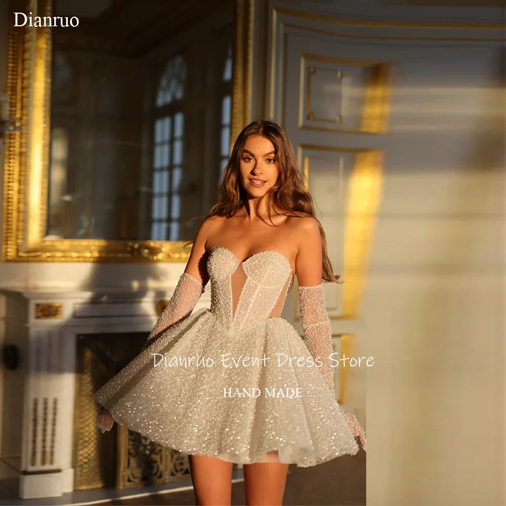 

Dianruo Short A Line Wedding Dresses Sweetheart Sparkly Fabric Vestido De Noiva Charming White Beading Bride Gowns Customized