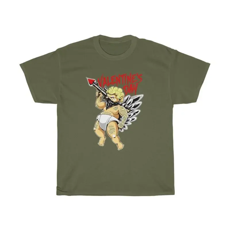 Valentine'S Day Tattooed Cupid Rocket Launcher Heavy Cotton T Shirt